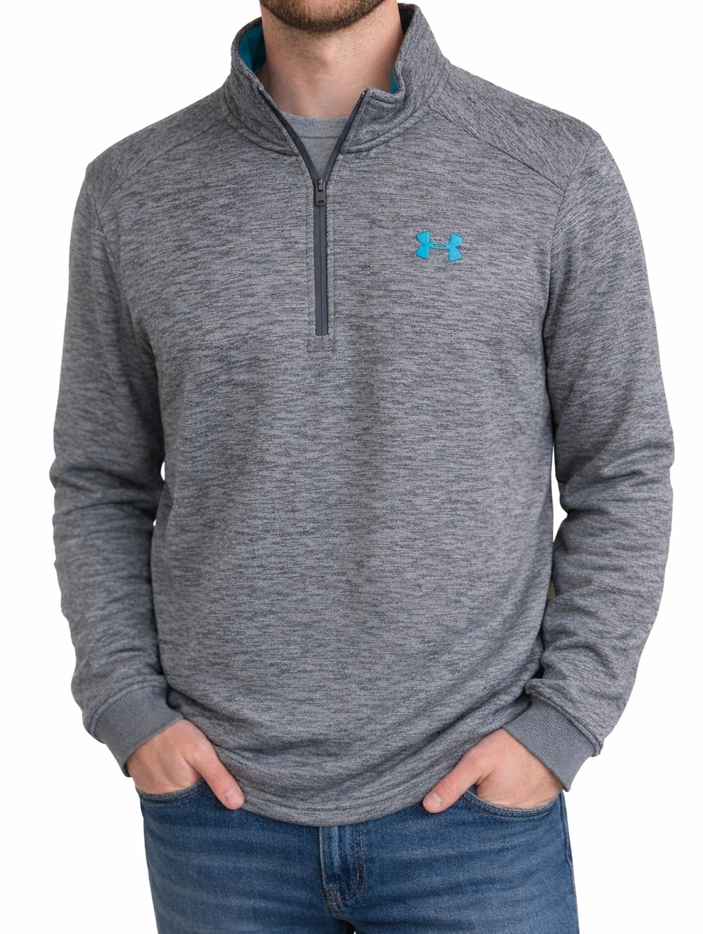 Under Armour Heather Gray Quarter-Zip Pullover Teal Logo Sz Large Athletic Shirt